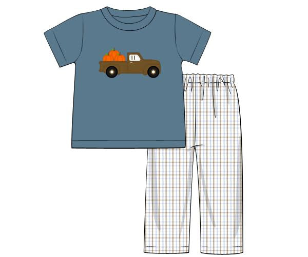 PO9: Pumpkin Truck Windowpane Shorts Sleeve Set